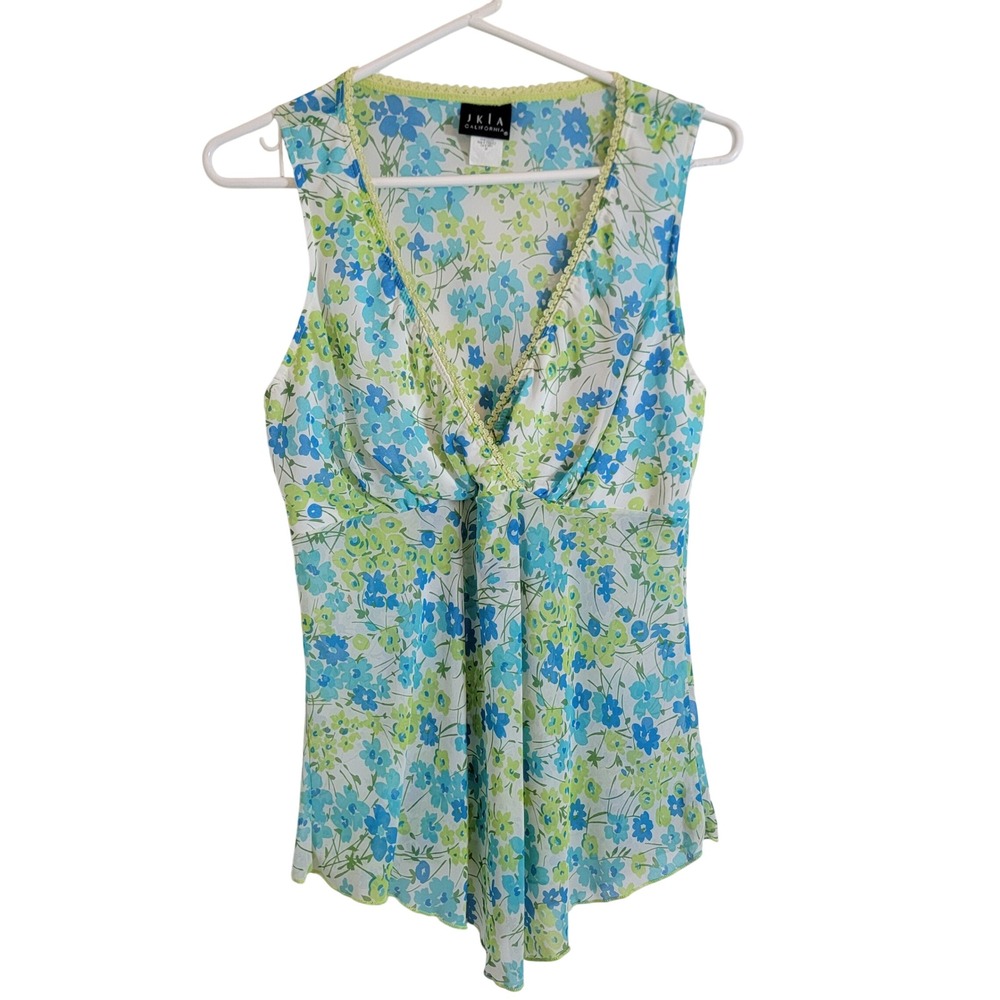 VTG JKLA California Floral Sleeveless V-Neck Top Blue Green Y2K Medium Fairy